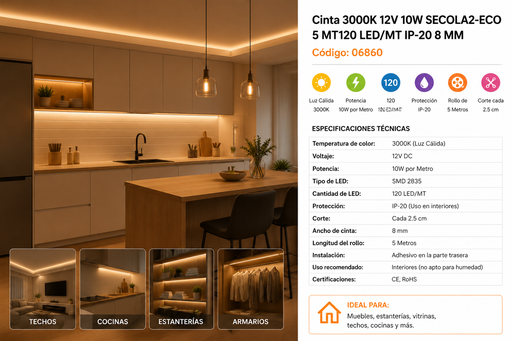 [06860] Cinta 3000K 12V 10W SECOLA2-ECO 5 MT 120 LED/MT IP-20 8 MM