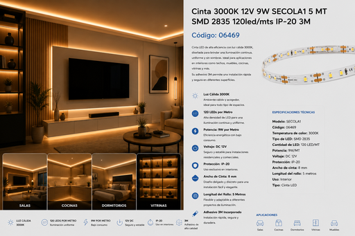 [06469] Cinta 3000K 12V 9W SECOLA1 5 MT SMD 2835 120LED/MTS IP-20 3M