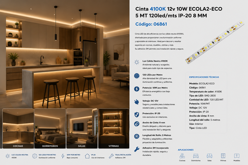 [06861] Cinta 4100K 12v 10W ECOLA2-ECO 5 MT 120led/mts IP-20 8 MM