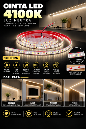 [06097] Cinta 4100K 12V 15W/M SWW120F10W12-2835 5 MT 10 mm CRI-90 120 LED/MT IP-20 3M Rojo