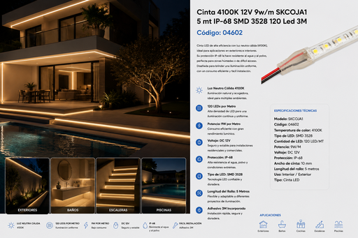 [04602] Cinta 4100K 12V 9w/m SKCOJA1 5 mt IP-68 SMD 3528 120 Led 3M