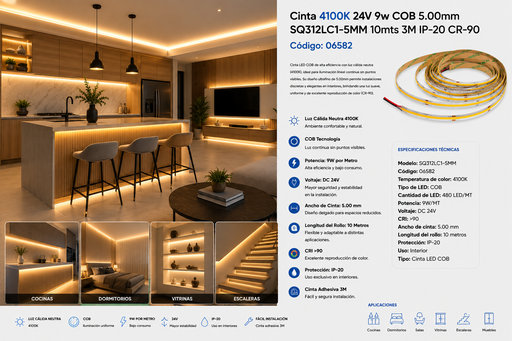 [06582] Cinta 4100K 24V 9w COB 5.00mm SQ312LC1-5MM 10mts 3M IP-20 CR-90