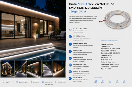 [05021] Cinta 6000K 12V 9W/MT IP-68 SMD 3528 120 LEDS/MT