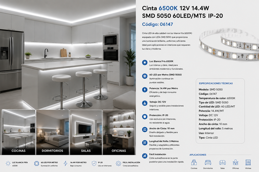 [06147] Cinta 6500K 12V 14.4W SMD 5050 60LED/MTS IP-20