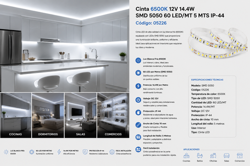 [05226] Cinta 6500K 12V 14.4W SMD 5050 60 LED/MT 5 MTS IP-44