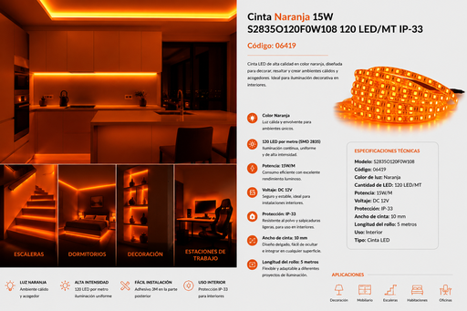 [06419] Cinta Naranja 15W S2835O120F0W108 120 LED/MT IP-33