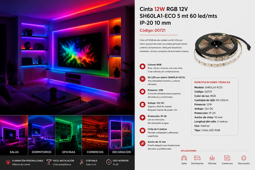 [00721] Cinta 12W RGB 12V SH60LA1-ECO 5 mt 60 led/mts IP-20 10 mm