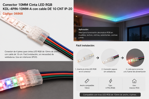 [06868] Conector 10MM Cinta LED RGB KDL-4PIN-10MM-A con Cable DE 10 CNT IP-20