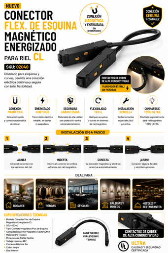 [02040] Conector Flex. de Esquina Magnético Energizado para Riel CL