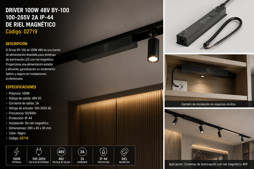 [02719] Driver 100w 48V BY-100 100-265V 2A IP-44 de Riel Magnético 240*45*45 (Fuente)