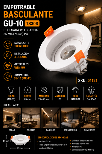 [01121] Empotrable Basculante GU-10 TS30S Recesada WH Blanca 65 mm (75x45) PC EVOLIGHT (MR-11)