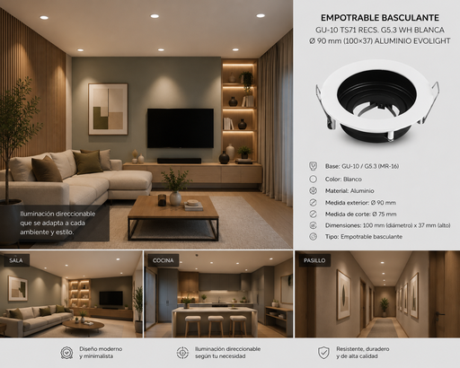 [06336] Empotrable basculante GU-10 TS71 RECS. G5.3 WH BLANCA Ø 90 mm (100x37) ALUMINIO EVOLIGHT
