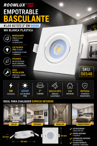 [06548] Empotrable Basculante # LED B27372 3" 5w 6000K WH Blanca Plástica ROOMLUX
