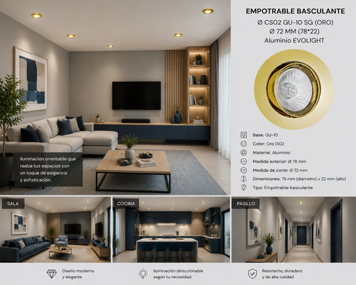 [06640] Empotrable Basculante Ø CS02 GU-10 SG (ORO) Ø 72 MM (78*22) Aluminio EVOLIGHT