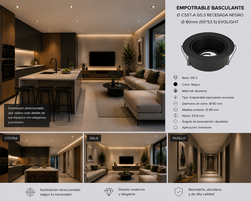 [06656] Empotrable Basculante Ø CS57-A G5.3 Recesada Negro Ø 80mm (90*53.5) EVOLIGHT