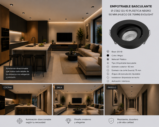 [06644] Empotrable Basculante Ø CS62 GU-10 Plástica 90 MM (Hueco de 75MM) Negro EVOLIGHT