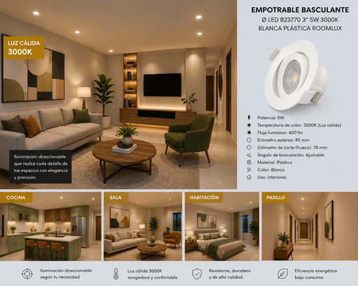 [06543] Empotrable Basculante Ø LED B23770 3" 5w 3000K Blanca Plastica ROOMLUX