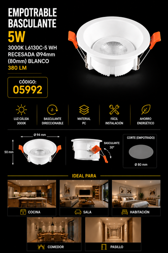 [05992] Empotrable Basculante 5w 3000k L6130C-5 WH Recesada.94mm (80mm) Blanco 380 lm
