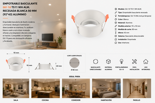 [06690] Empotrable Basculante Gu-10 TS11 WH ALM. Recesada Blanca 80 MM (92*43) Aluminio