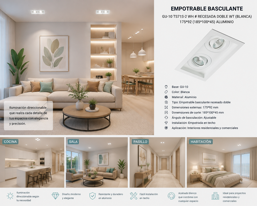 [06791] Empotrable Basculante GU-10 TS71S-2 WH # Recesada Doble WT (Blanca) 175*92 (185*100*45) ALUMINIO
