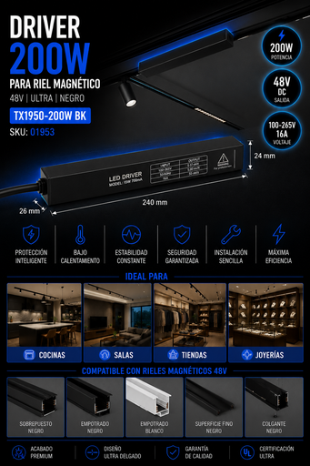 [01953] Driver 200w 48v TX1950-200W BK de Riel Magnético 240*26*24 (Fuente) Negro 100-265V 16A ULTRA