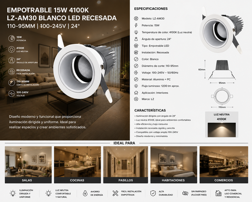 [02736] Empotrable 15W 4100k LZ-AM30 Blanco LED Recesada 110-95mm 100-245v 24º