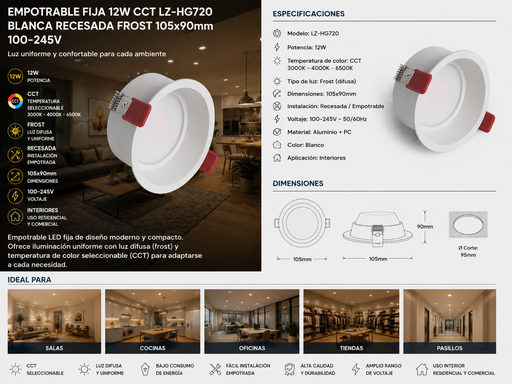 [01010] Empotrable Fija 12W CCT LZ-HG720 Blanca Recesada Frost 105x90mm 100-245v