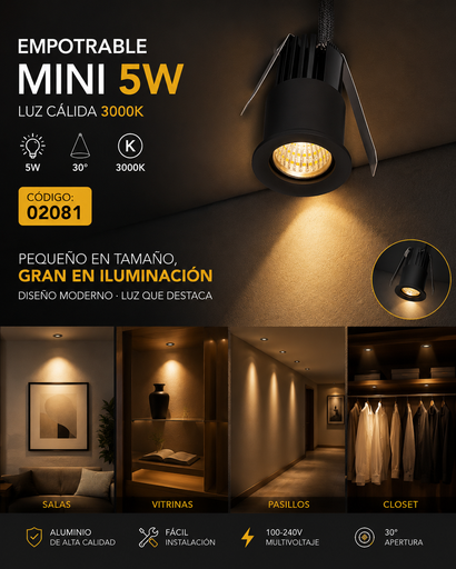 [02081] Empotrable Mini 5W 3000K LCS7240R-5 BK Negro Ø 35MM (40*59) 30° 100-240V Aluminio