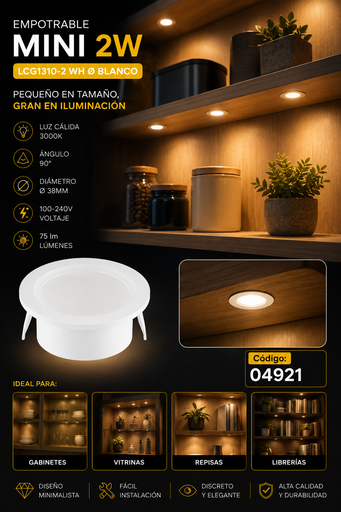 [04921] Empotrable Mini 2W 3000K LCG1310-2 WH Ø Blanco Ø 38MM (44*15) 90° 100-240V PC 75 lm 2/1