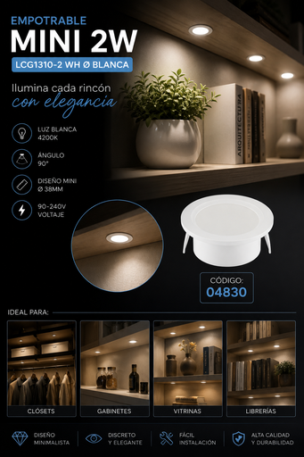 [04830] Empotrable Mini 2w 4200K LCG1310-2 WH Ø blanca Ø 38MM (44*15) 90° 100-240V Evolight 2/1