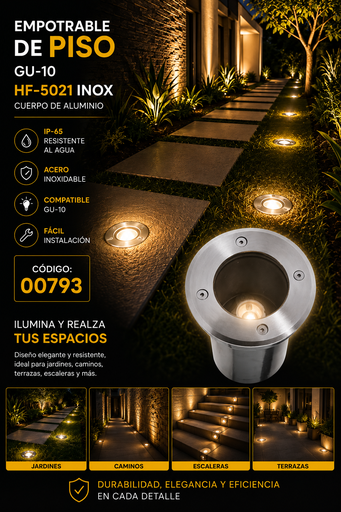 [00793] Empotrable de Piso GU-10 HF-5021 Inoxidable IP-65 Cuerpo de Aluminio