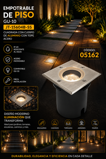[05162] Empotrable Piso GU-10 JT-15604B-SS 110mm IP-65 Cuadrada con Cuerpo de Aluminio con Tope Acero