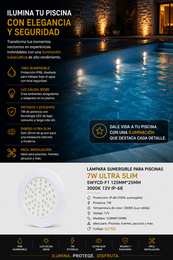 [02703] Lampara Sumergible Piscina 7W Ultra Slim SWYCD-F1 125MM*25MM 3000K 12V IP-68 para Piscinas