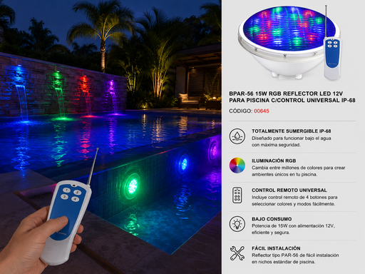 [00645] Par-56 15W RGB Reflector LED 12v para Piscina C/Control Universal IP-68
