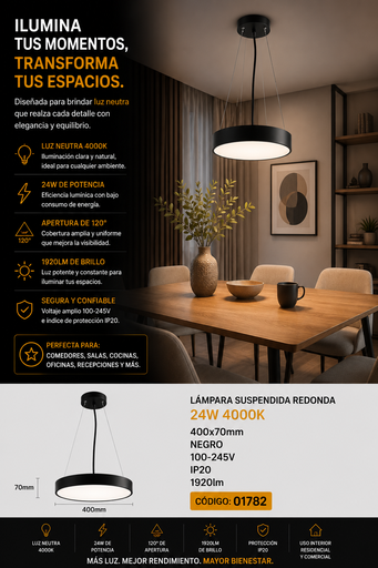 [01782] Lampara Suspendida 24W 4000K 400x70mm Redonda Negro 100-245V IP20 1920lm