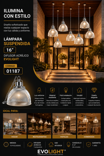 [01187] Lampara Suspendida 16" Difusor Acrílico EVOLIGHT