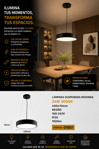 [01801] Lampara Suspendida Redonda 120W 3000K 1000x70mm Negro 100-245V IP20 9600lm
