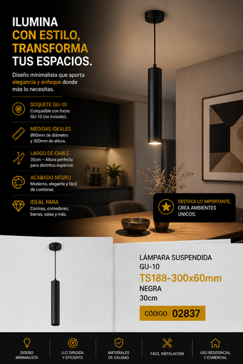 [02837] Lampara Suspendida GU-10 TS188-300x60mm NEGRA 30cm