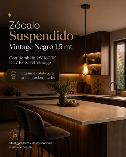 [06169] Zócalo Suspendido Vintage Negro E-27 1,5 mt para iluminación interior,