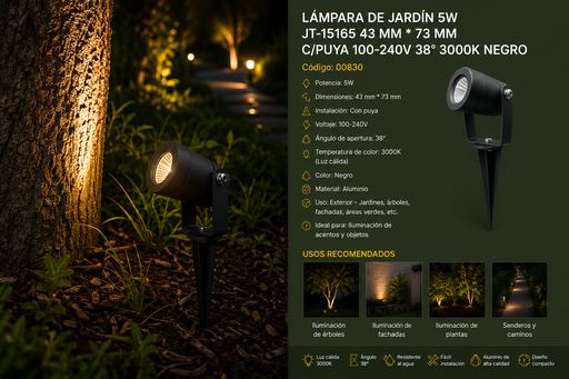 [00830] Lampara de Jardín 5W JT-15165 43 mm * 73 mm C/Puya 100-240V 38º 3000K Negro