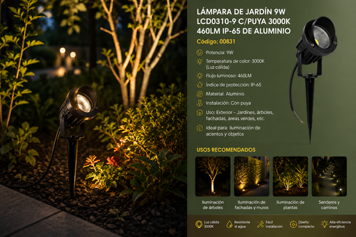 [00831] Lampara de Jardín 9W LCD0310-9 C/Puya 3000K 460LM IP-65 de Aluminio