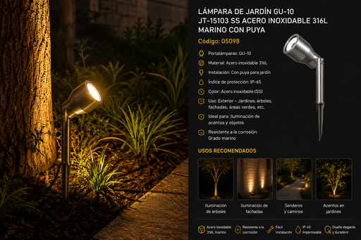 [05098] Lampara de Jardín GU-10 JT-15103 SS Acero Inoxidable 316L Marino con Puya (outlet)