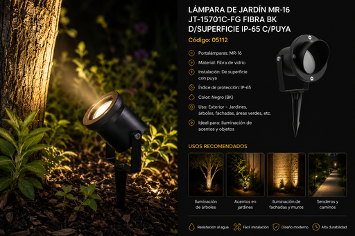 [05112] Lampara de Jardín MR-16 JT-15701C-FG Fibra BK D/Superficie P-65 C/Puya