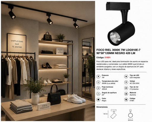 [01891] Foco Riel 3000K 7W LDG910E-7 90*50*120mm Negro 420 lm