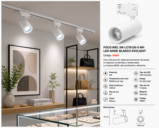 [06805] Foco Riel 5W LCT6120-5 WH LED 5000K Blanco EVOLIGHT