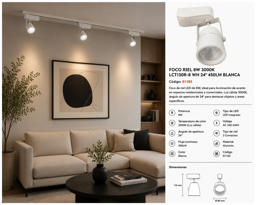 [01183] Foco Riel 8W 3000K LCT130R-8 WH 24º 450LM Blanca EVOLIGHT
