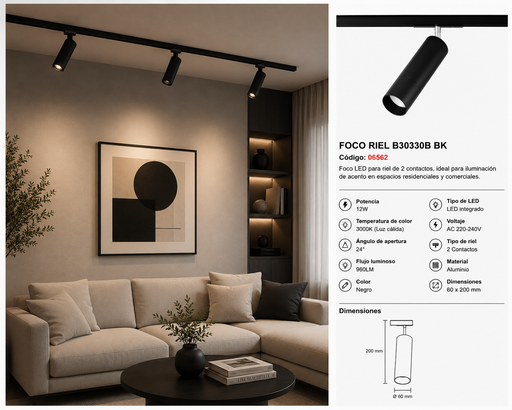 [06562] Foco Riel B30330B BK 12W 3000K LED 24º Negro 960LM 60*200 mm 2 Contactos