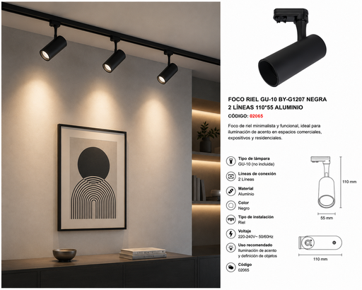 [02065] Foco Riel GU-10 BY-G1207 Negra 2 Líneas 110*55 Aluminio