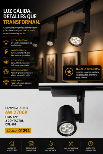[01292] Lampara de Riel 6w 2700K Gris 12V 2 Contactos DPL-101