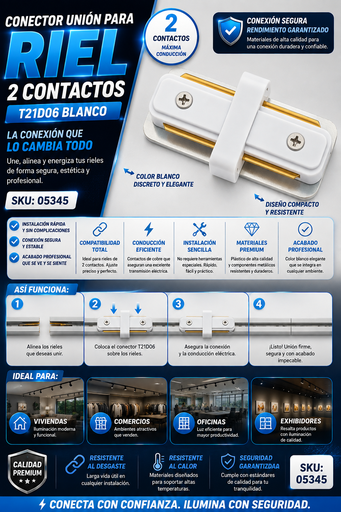 [05345] Conector Unión para Riel 2 Contactos T21D06 Blanco